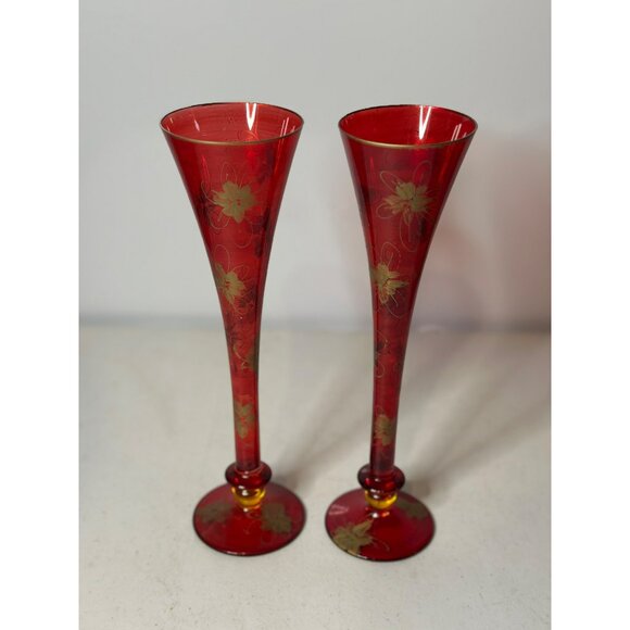 VTG Set Of 2 Cranberry Flashed Gold Floral Painted Bohemian Glass Flute Vases - Picture 2 of 9
